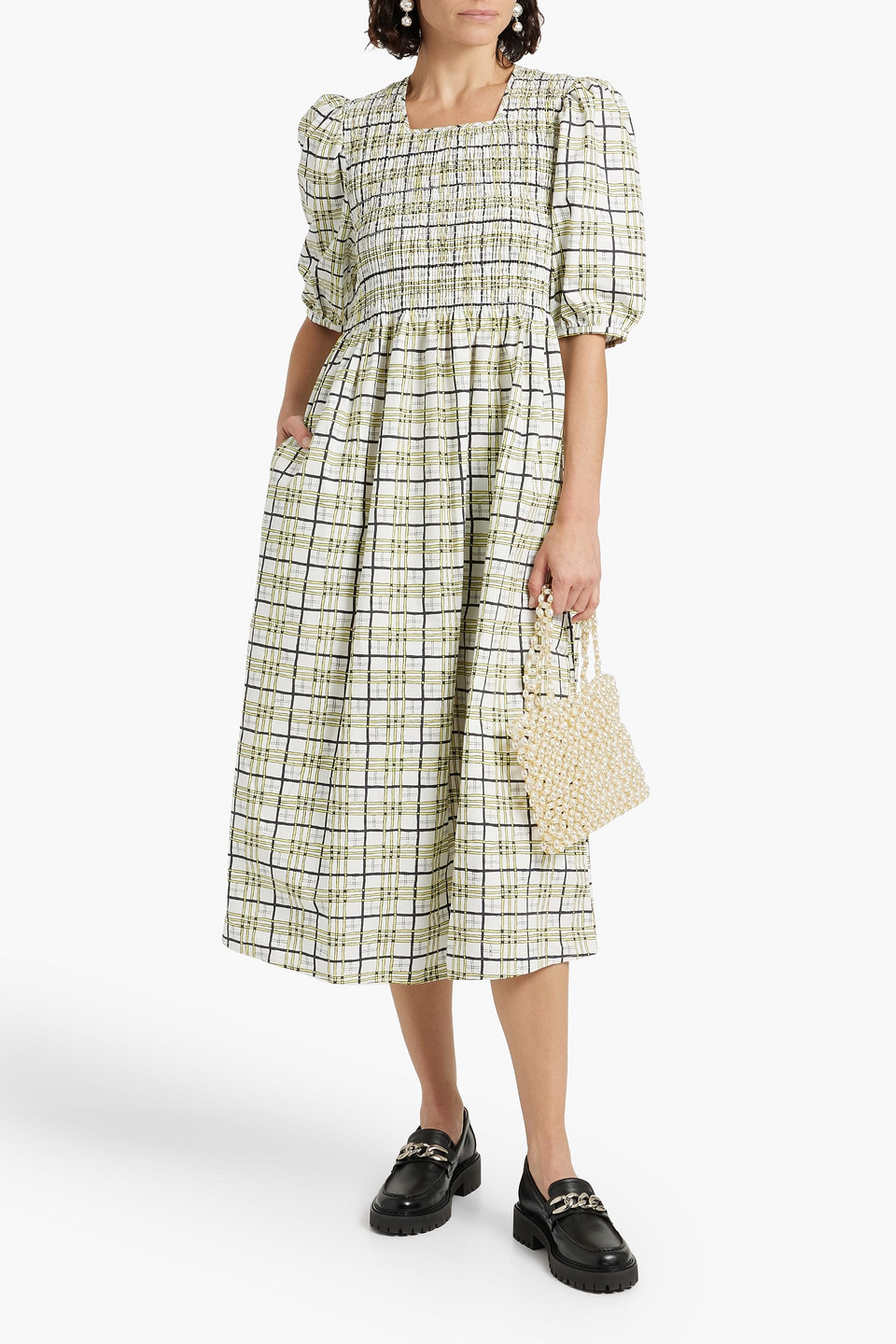 Shop Shrimps Daria Shirred Checked Cotton-poplin Midi Dress In Yellow