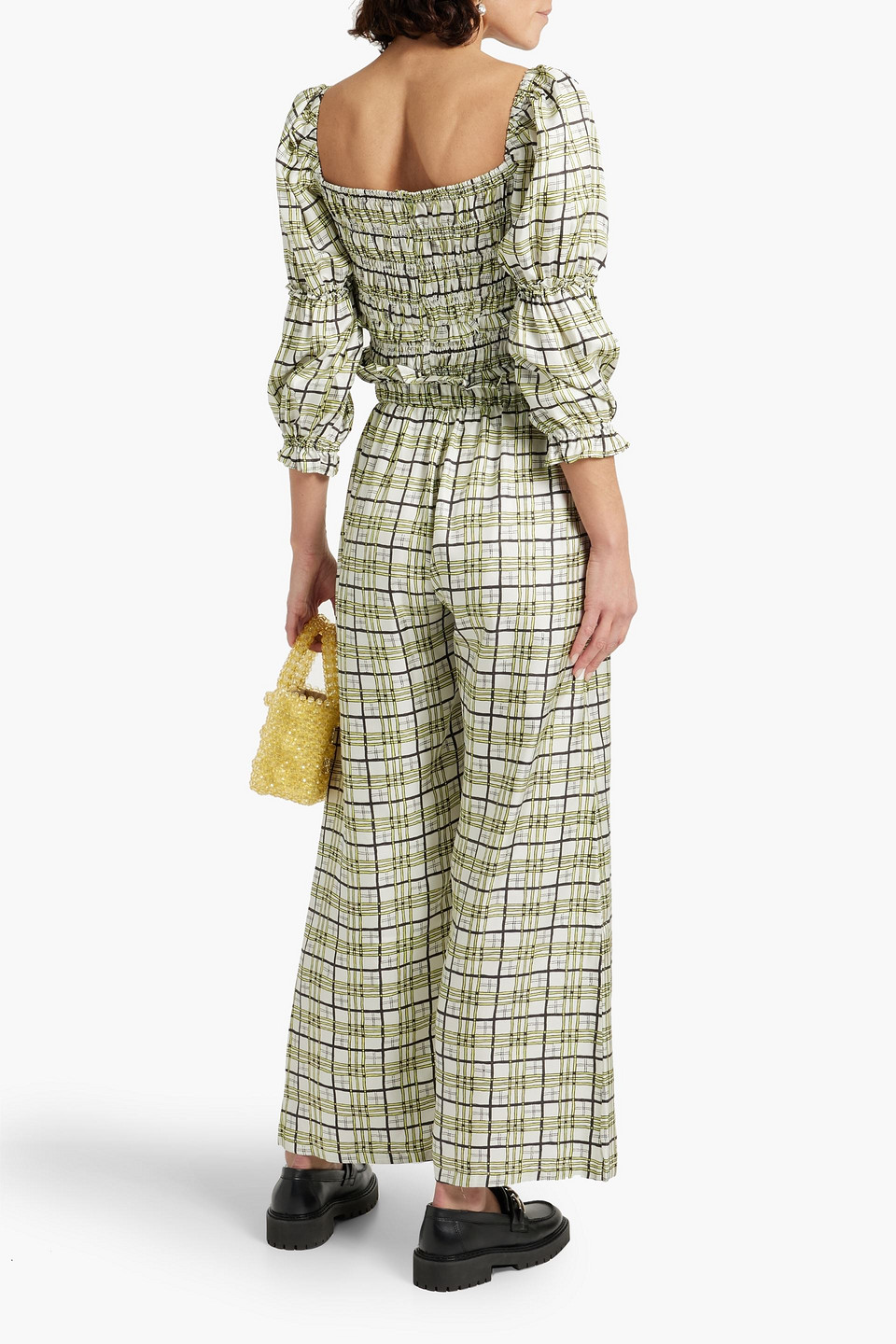 Shop Shrimps Sorana Shirred Checked Silk-twill Top In Yellow