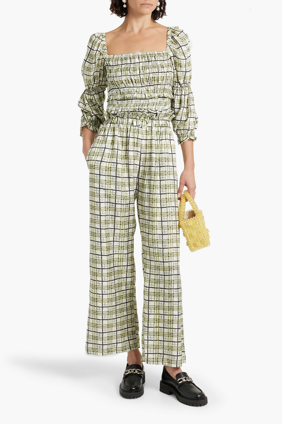 Shop Shrimps Sorana Shirred Checked Silk-twill Top In Yellow