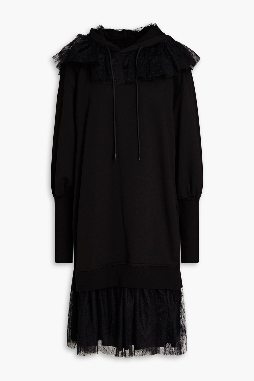 Ruffled point d esprit and French cotton blend terry hooded dress