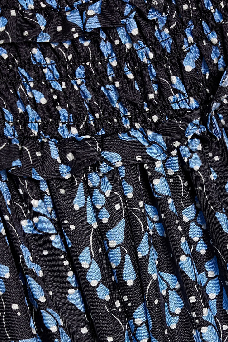 Shrimps Harper Shirred Printed Silk-twill Maxi Dress In Blue