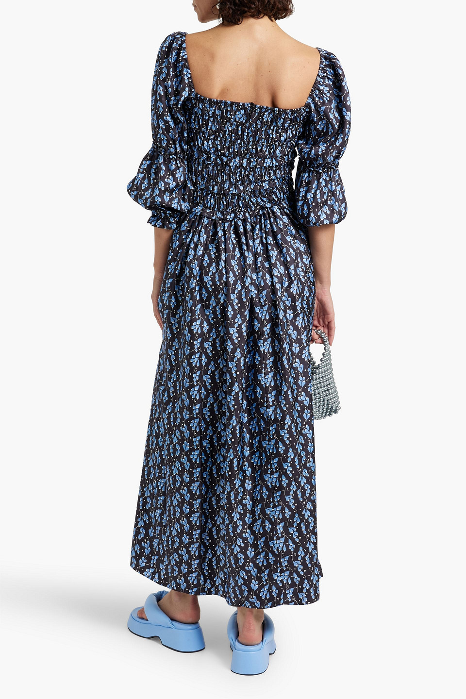 Shrimps Harper Shirred Printed Silk-twill Maxi Dress In Blue