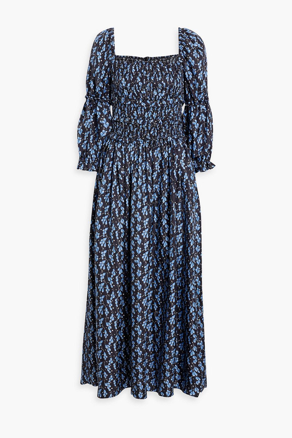 Shrimps Harper Shirred Printed Silk-twill Maxi Dress In Blue