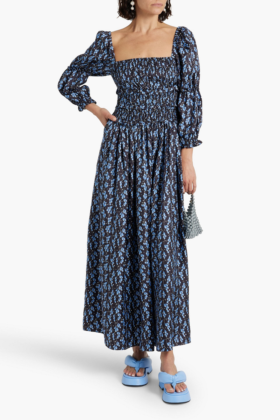 Shrimps Harper Shirred Printed Silk-twill Maxi Dress In Blue