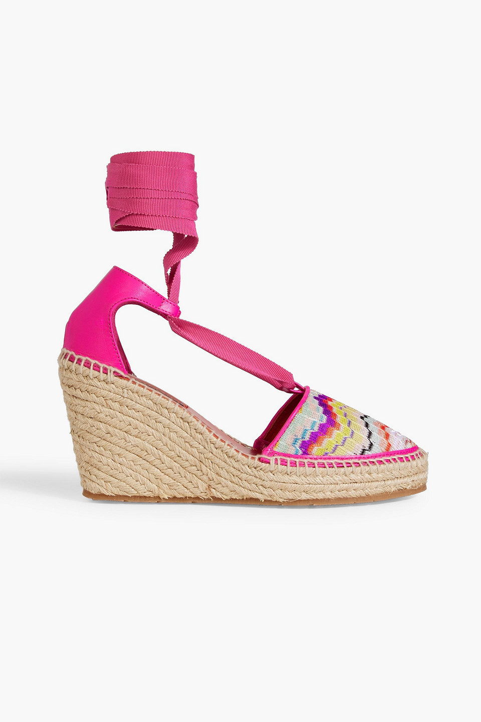 Leather and crochet-knit wedge espadrilles