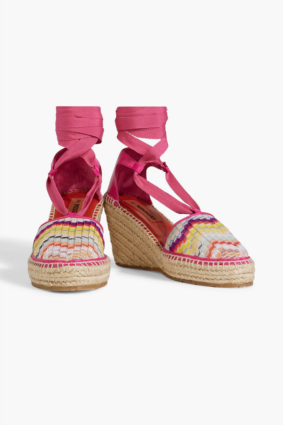 Shop Missoni Leather And Crochet-knit Wedge Espadrilles In Fuchsia