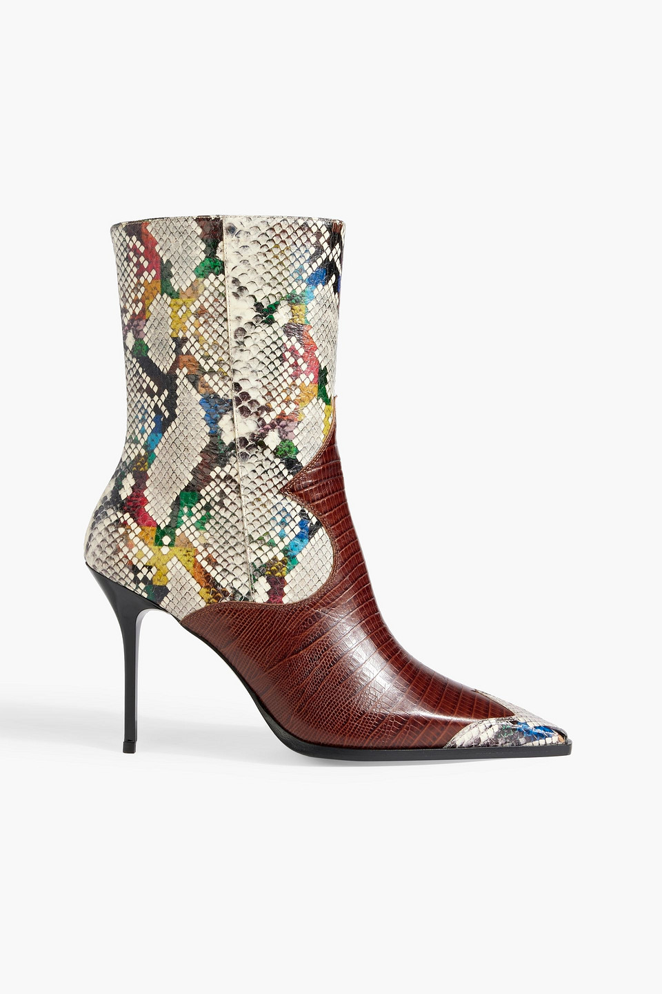 Croc-effect leather and snakeskin ankle boots