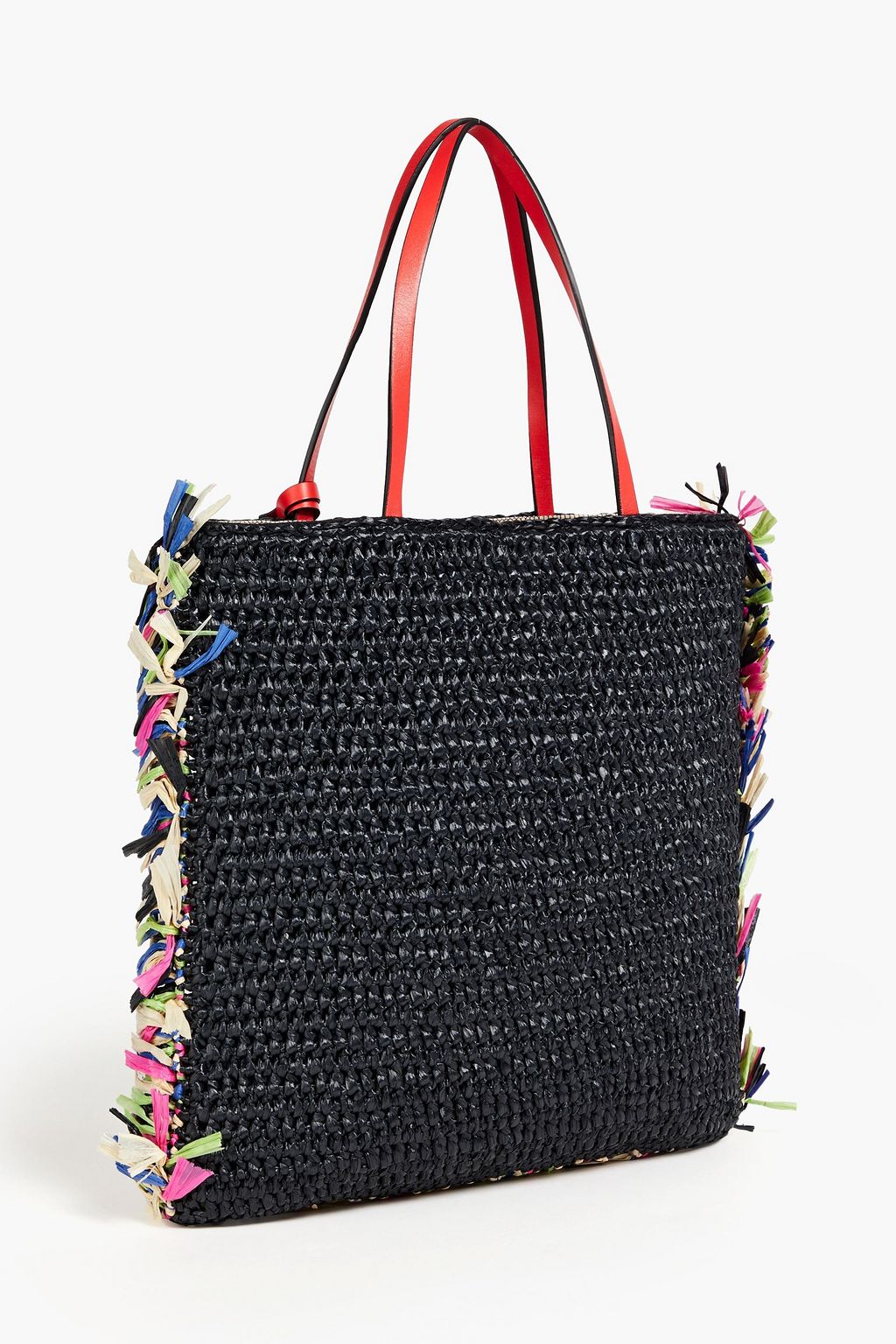 RED(V) Tote Bag aus Raffiabastimitat und Canvas in Häkeloptik mit Fransen
