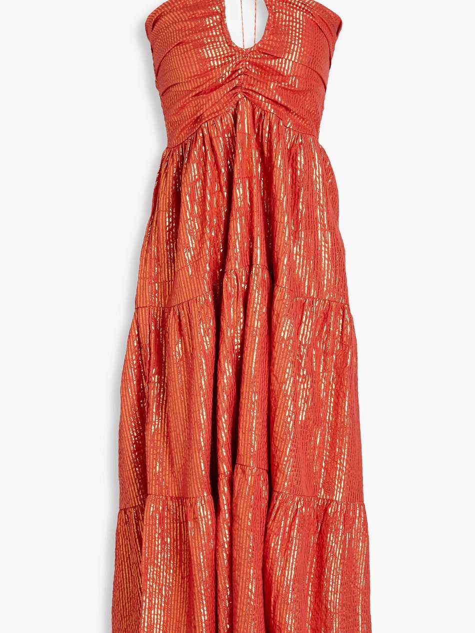 rika metallic striped cotton-blend halterneck midi dress