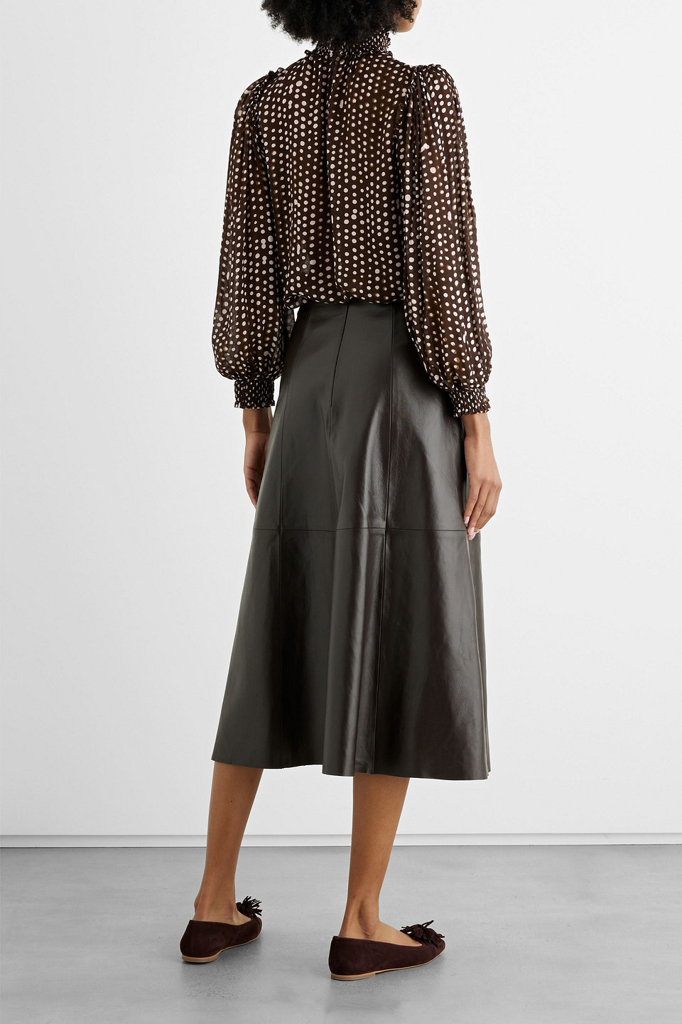 Iris & Ink Sierre Shirred Polka-dot Gauze Blouse In Chocolate