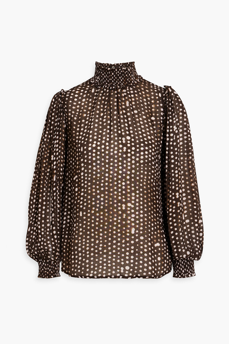 Iris & Ink Sierre Shirred Polka-dot Gauze Blouse In Chocolate