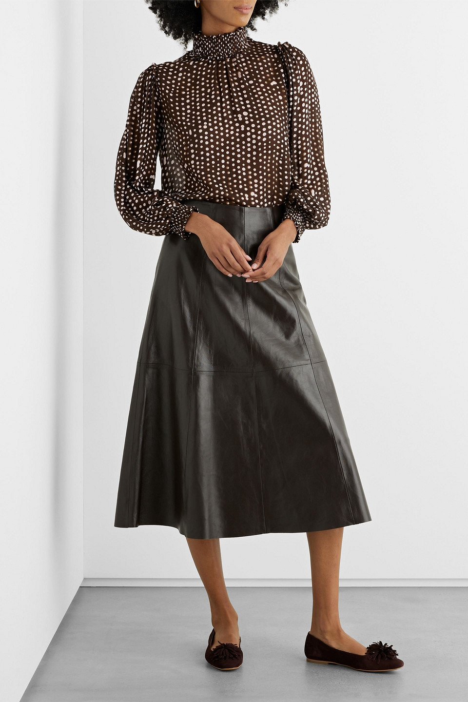 Iris & Ink Sierre Shirred Polka-dot Gauze Blouse In Chocolate