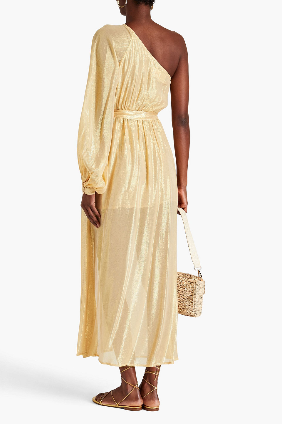 Shop Sundress Doris One-sleeve Lamé Maxi Dress In Gold