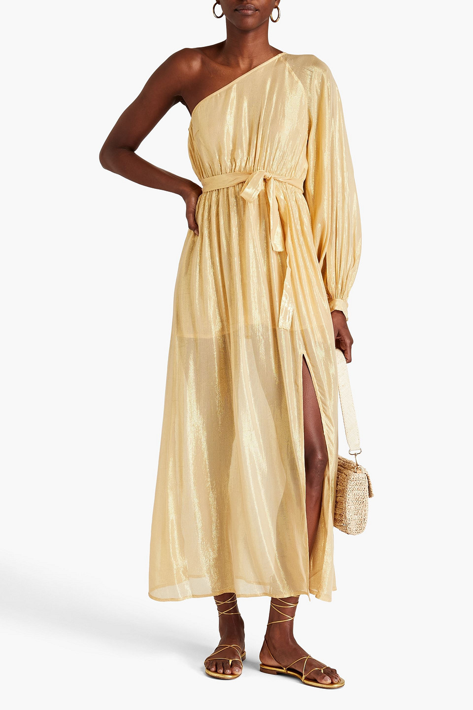 Shop Sundress Doris One-sleeve Lamé Maxi Dress In Gold