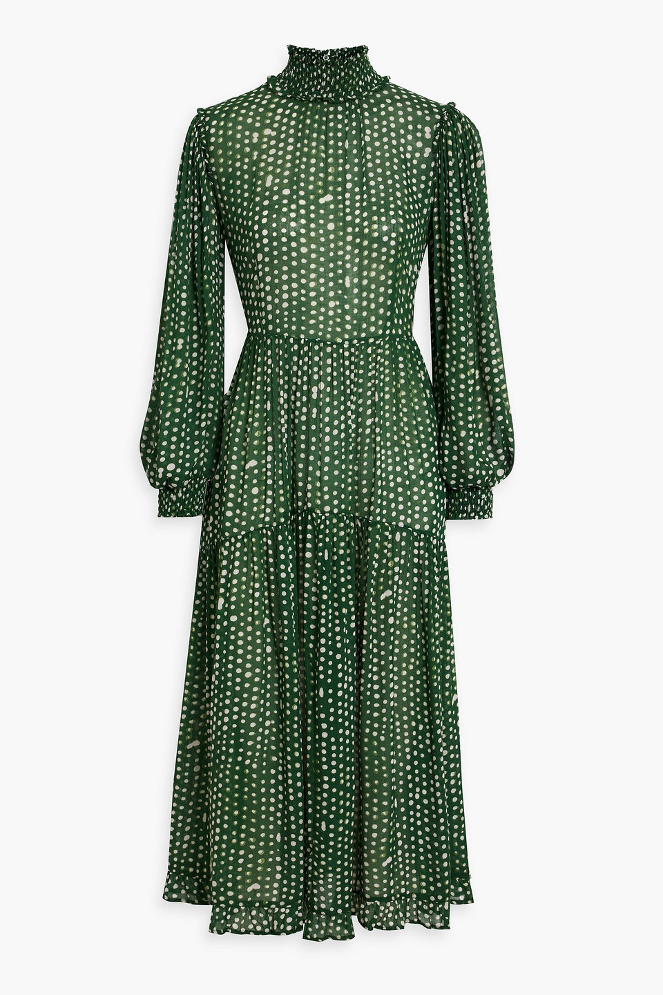 Iris & Ink Amelia Tiered Polka-dot Gauze Midi Dress In Forest Green