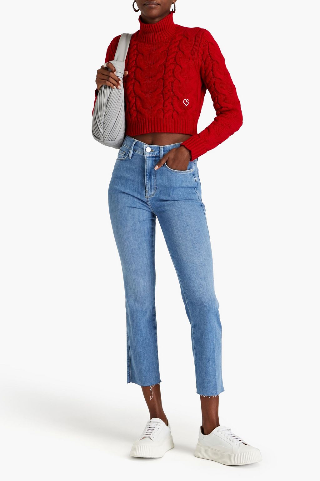 FRAME Cropped cable-knit merino wool turtleneck sweater