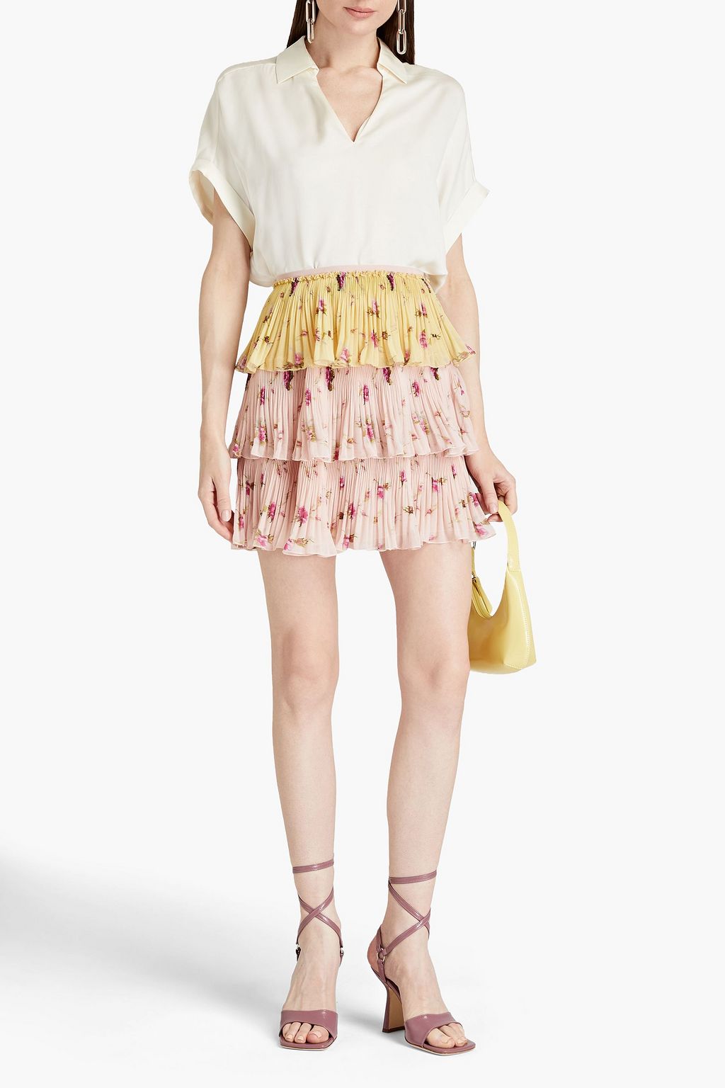 REDVALENTINO Tiered floral-print plissé-chiffon mini skirt