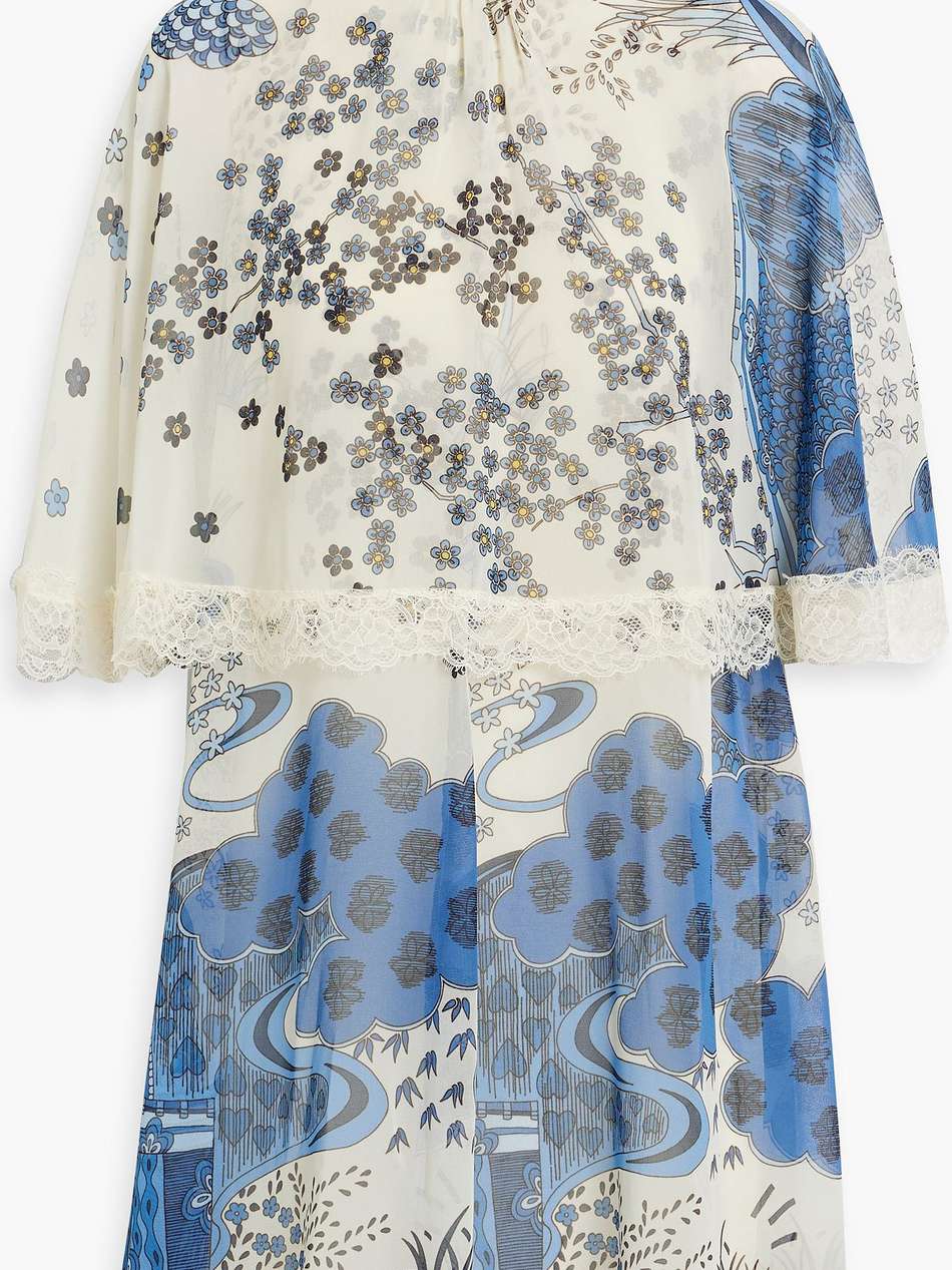 cape-effect lace-trimmed printed chiffon mini dress