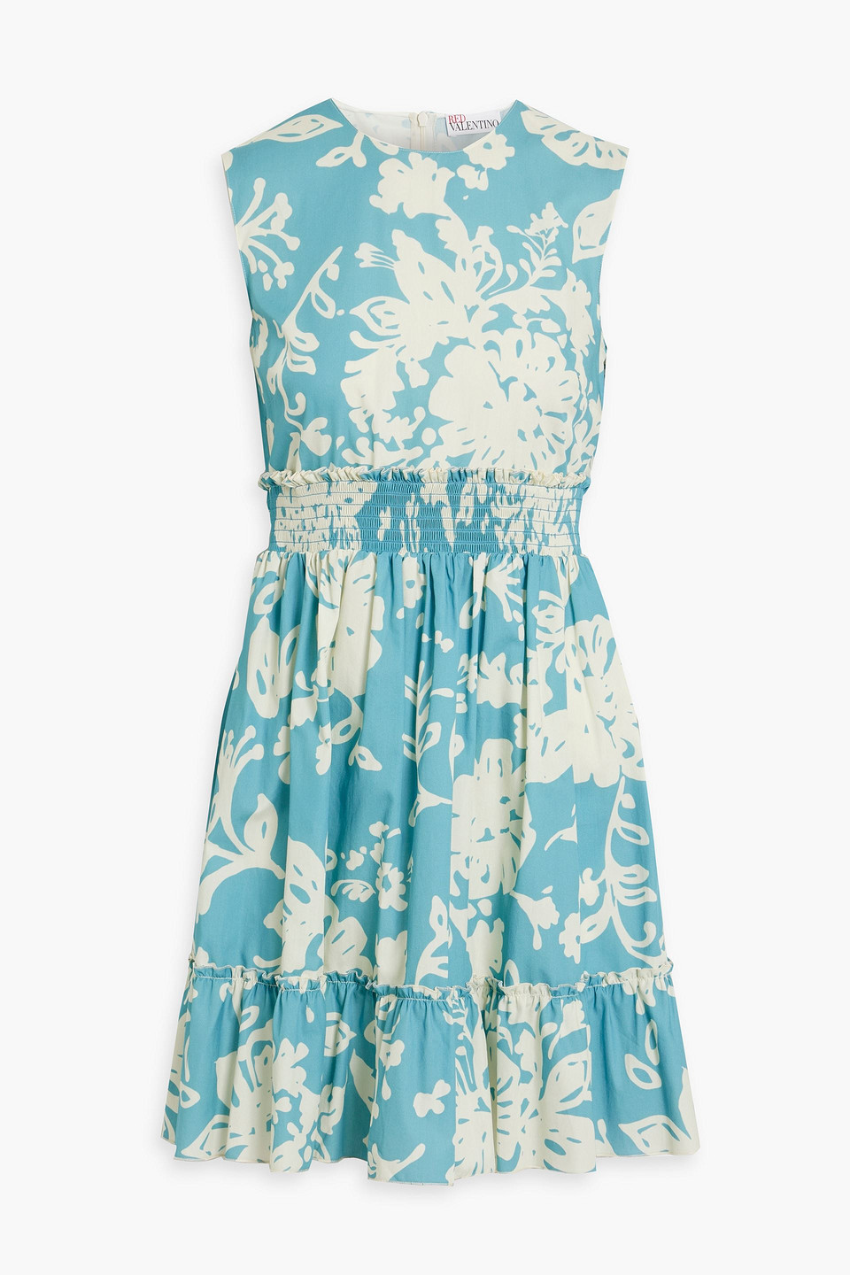 Red Valentino Ruffled Floral-print Cotton-poplin Mini Dress In Turquoise