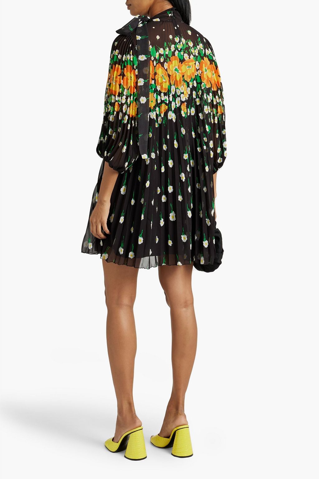 REDVALENTINO Pussy-bow floral-print plissé-chiffon mini dress
