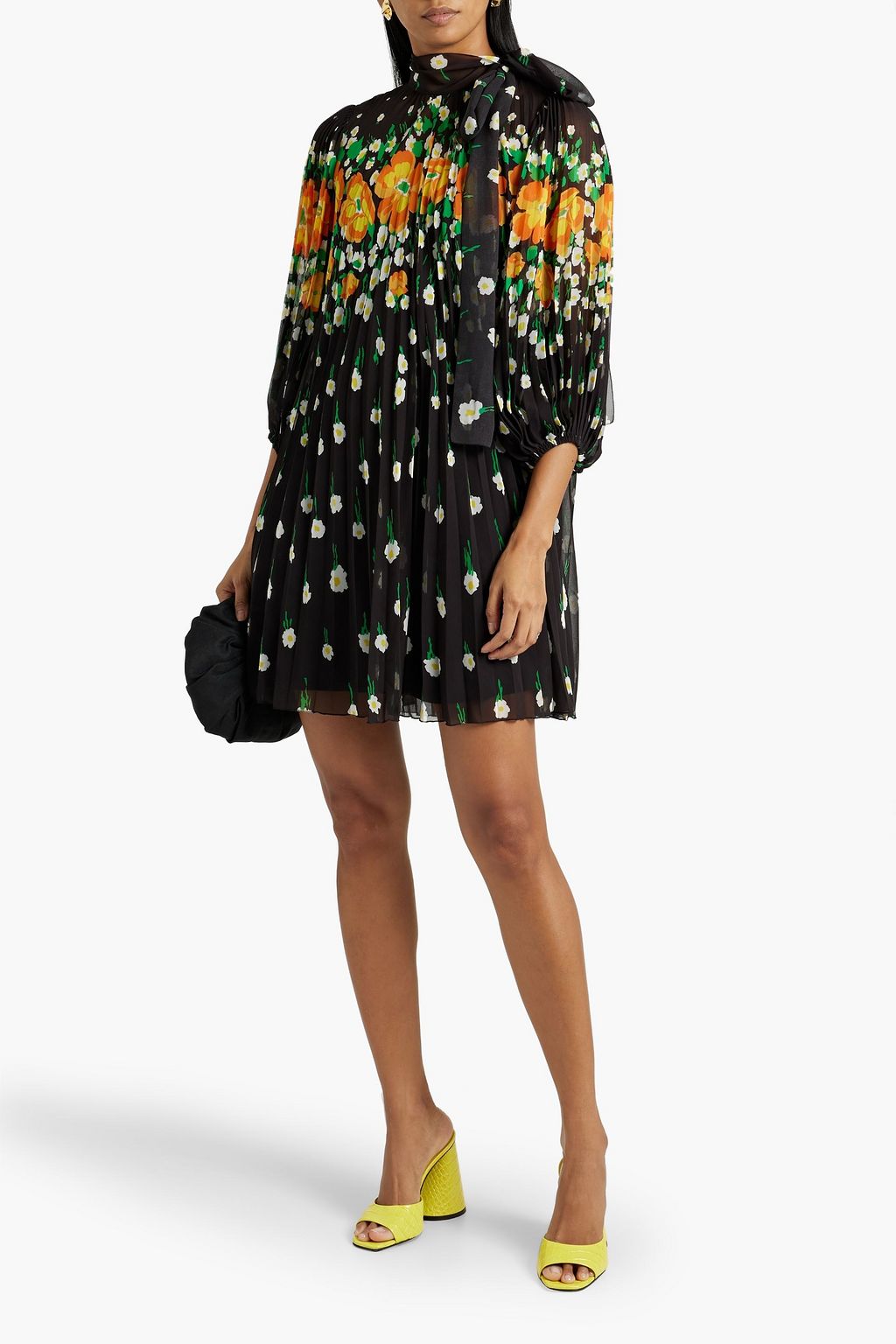REDVALENTINO Pussy-bow floral-print plissé-chiffon mini dress