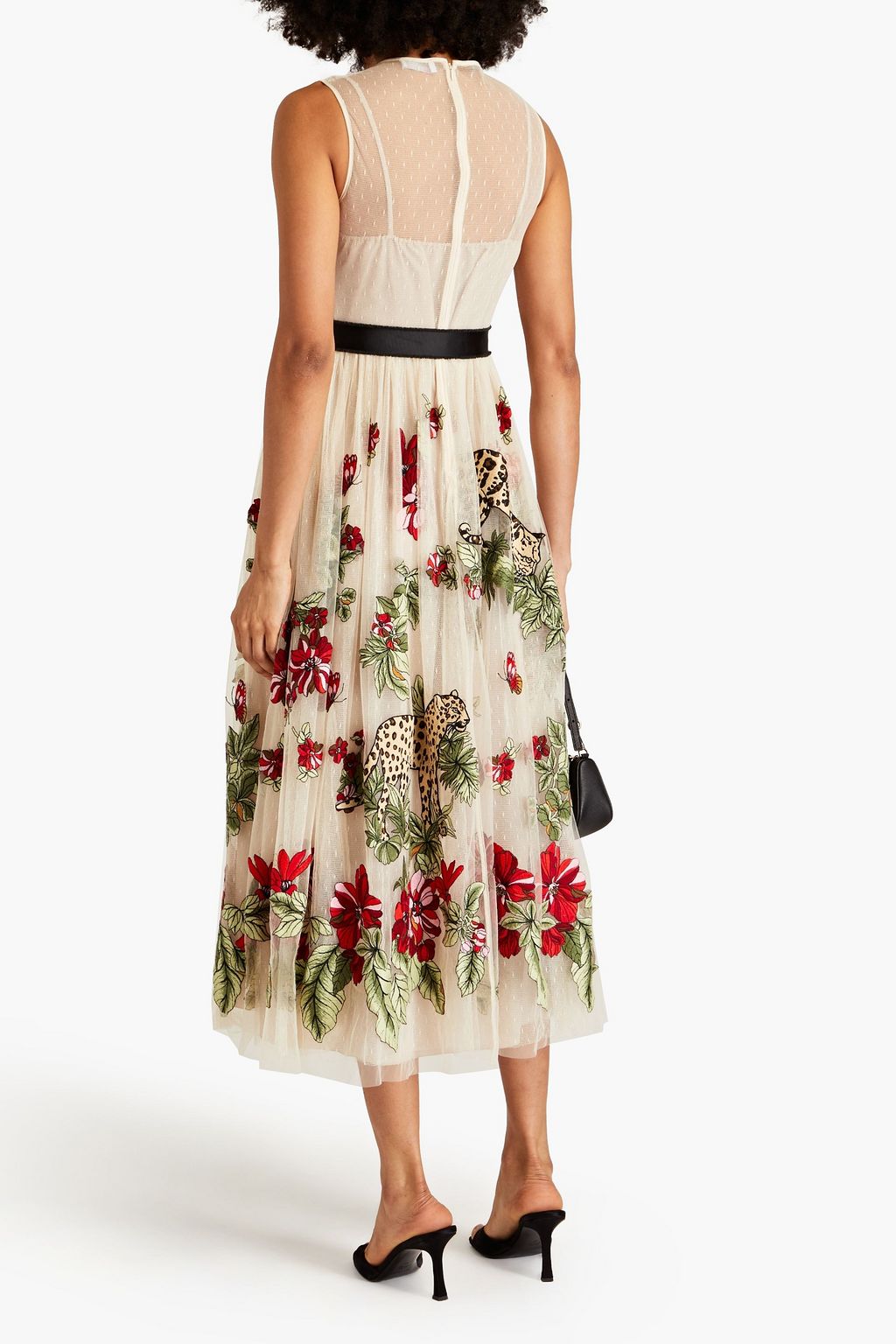 REDVALENTINO فستان متوسط الطول مصنوع من قماش بوان ديسبري بتصميم مطرّز مزود بحزام