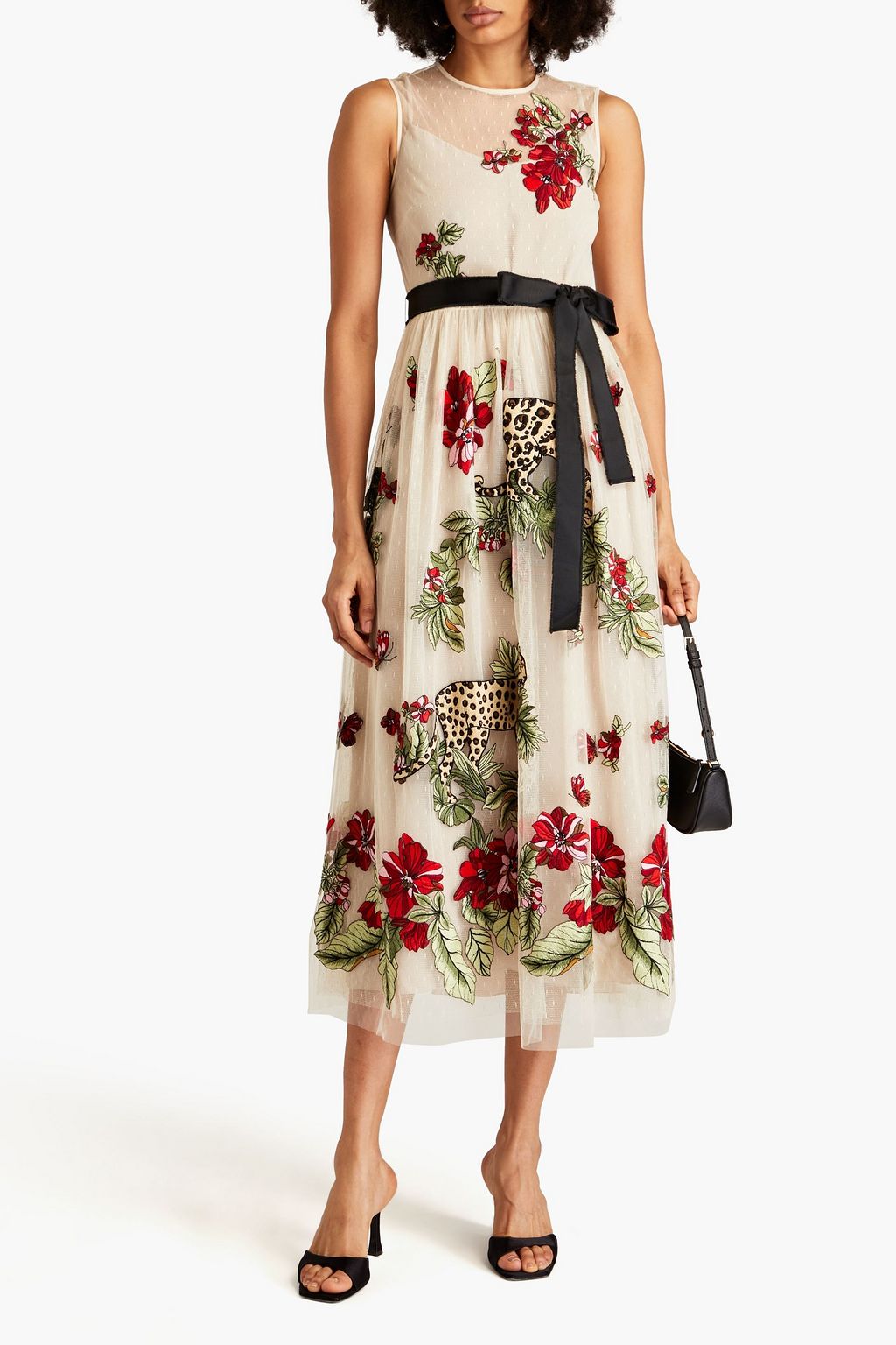 REDVALENTINO فستان متوسط الطول مصنوع من قماش بوان ديسبري بتصميم مطرّز مزود بحزام