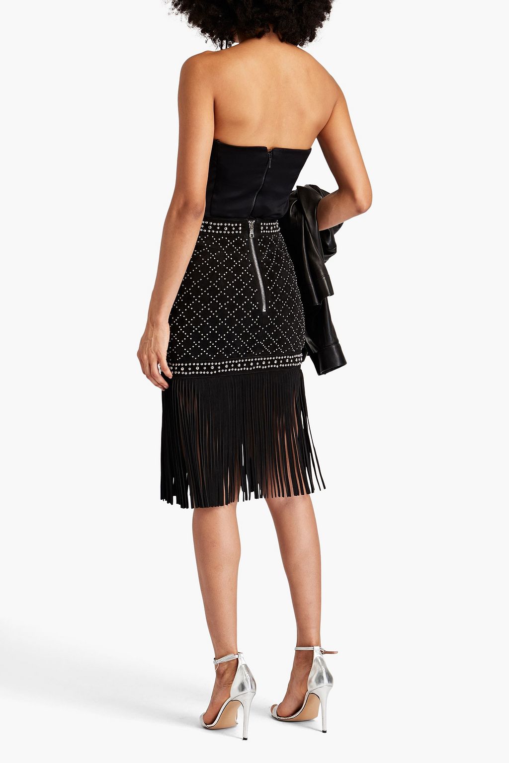 BALMAIN Fringed studded suede skirt