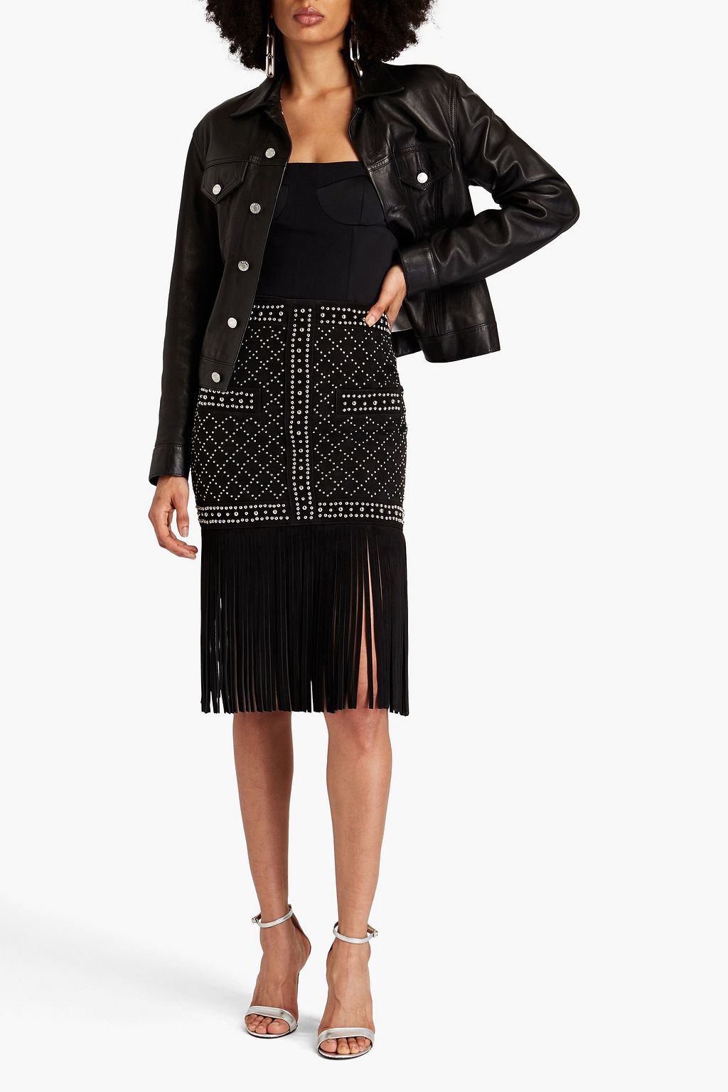 BALMAIN Fringed studded suede skirt