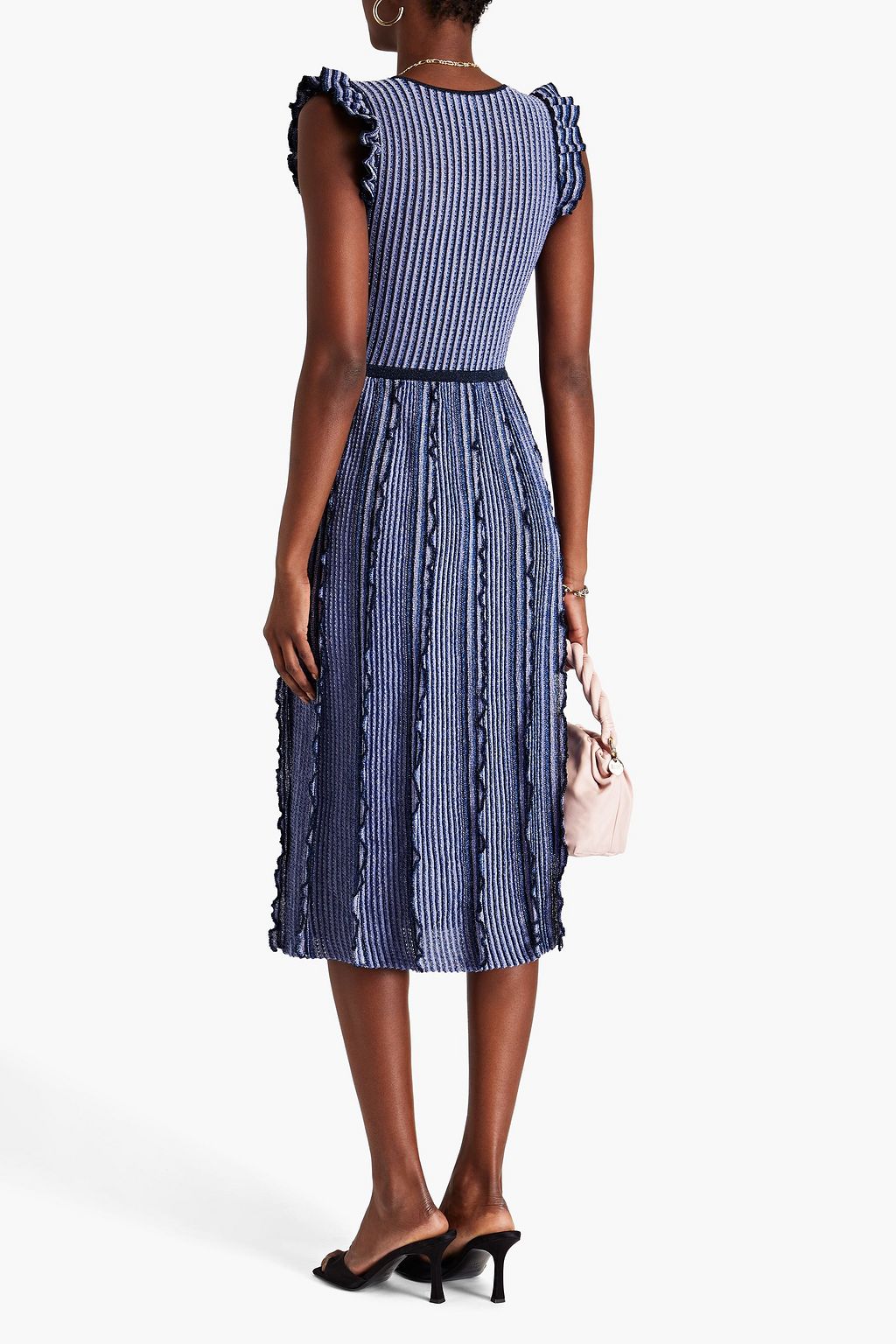 REDVALENTINO Midi-Strickkleid in Häkeloptik mit Metallic-Effekt und Rüschen