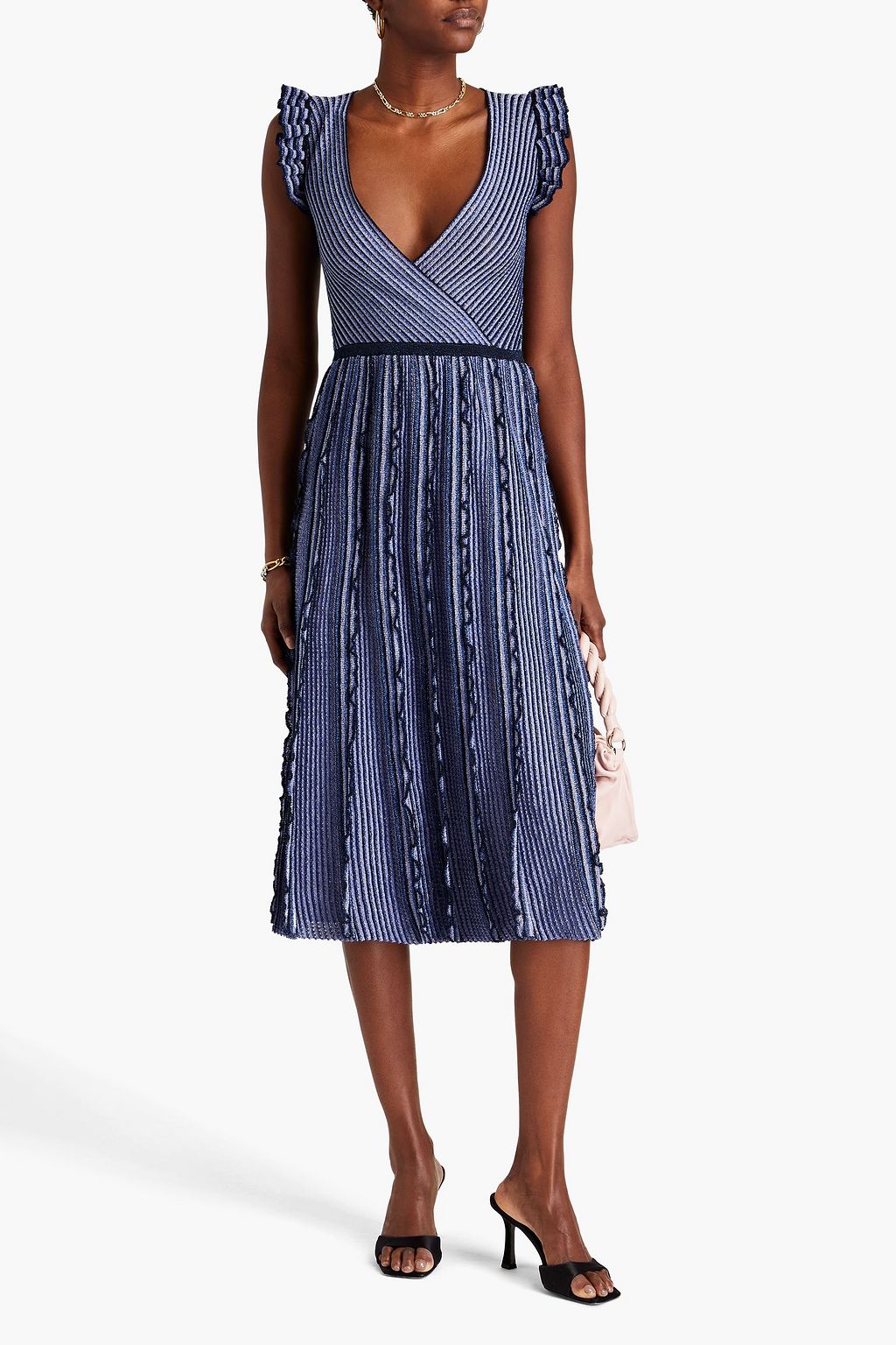 REDVALENTINO Midi-Strickkleid in Häkeloptik mit Metallic-Effekt und Rüschen