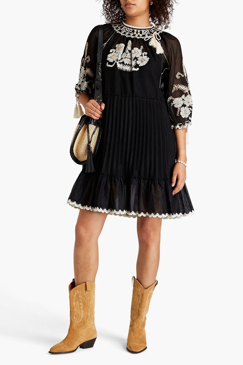 REDVALENTINO Tasseled embroidered knitted mini dress