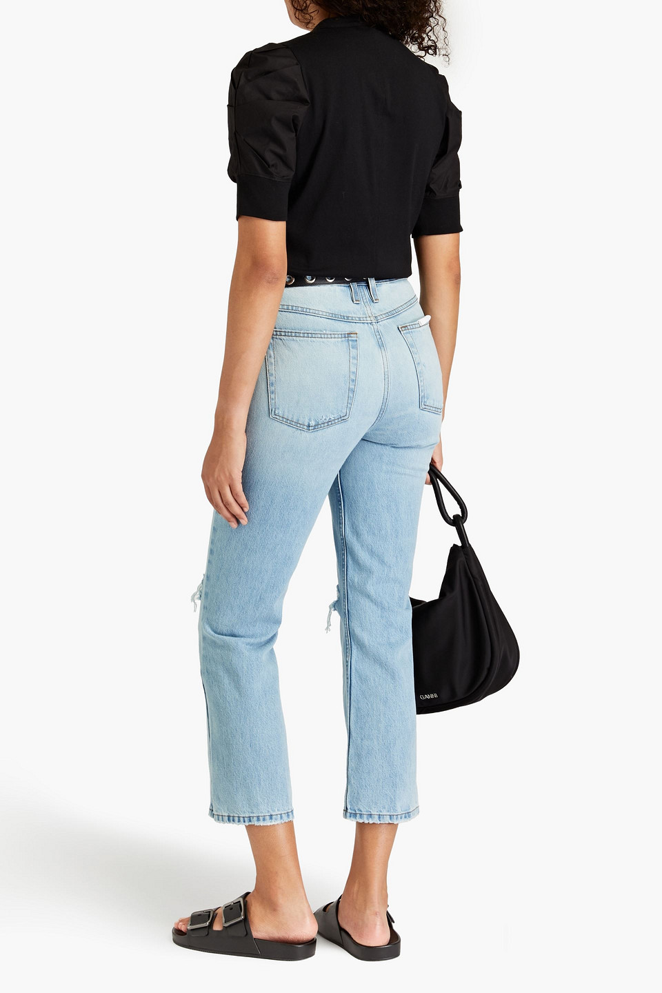 Shop Frame Cropped Distressed High-rise Bootcut Jeans In Light Denim