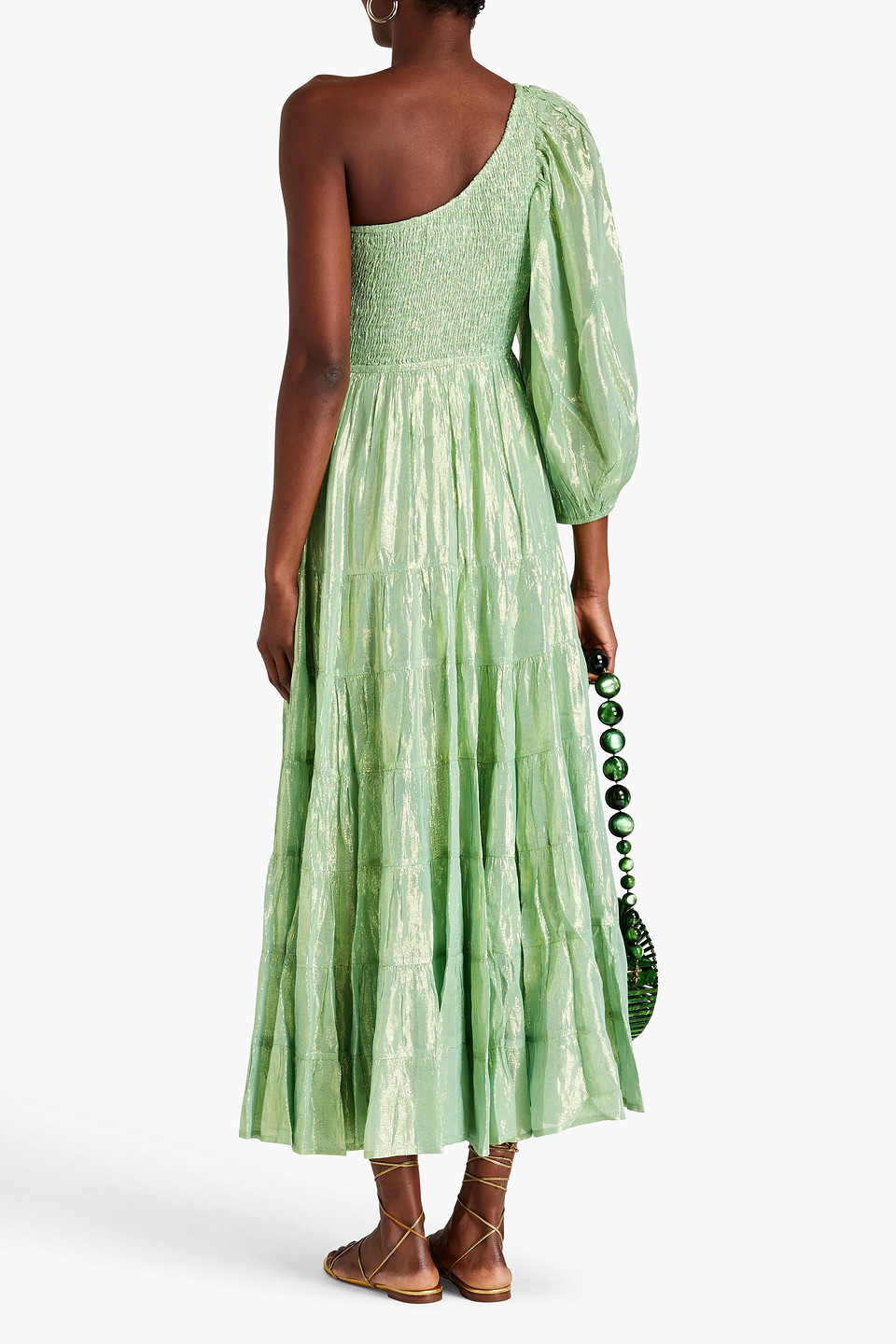 Shop Sundress Joanna One-sleeve Metallic Gauze Maxi Dress In Light Green