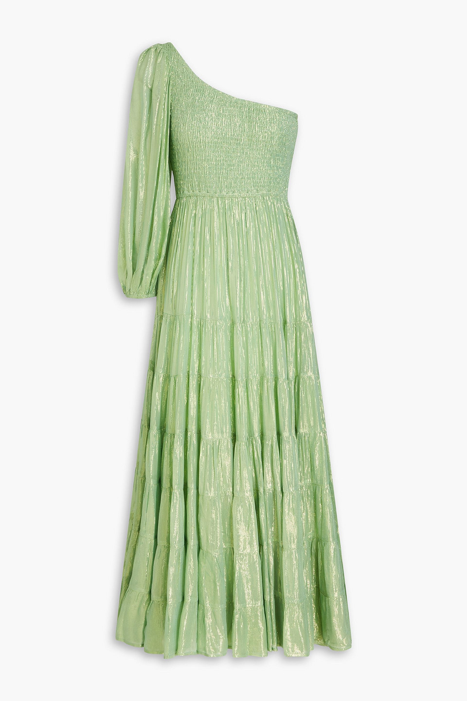 Shop Sundress Joanna One-sleeve Metallic Gauze Maxi Dress In Light Green