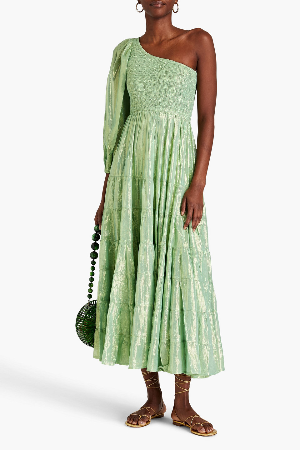 Shop Sundress Joanna One-sleeve Metallic Gauze Maxi Dress In Light Green