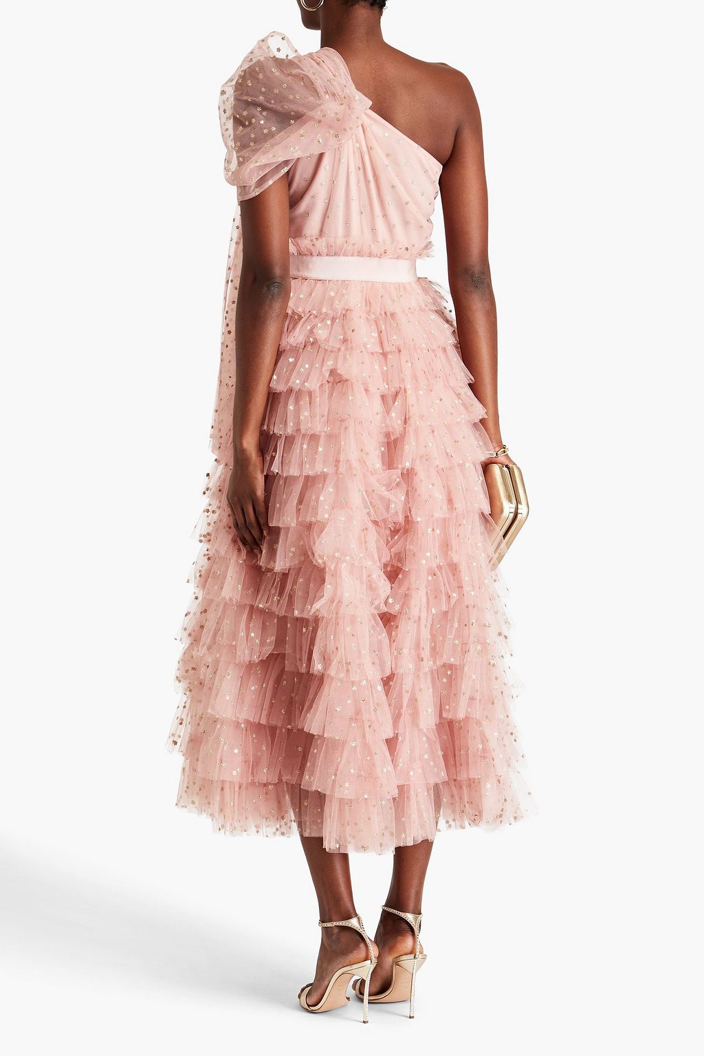 REDVALENTINO 원 숄더 플록 & 글리터 디테일 튤 미디 드레스