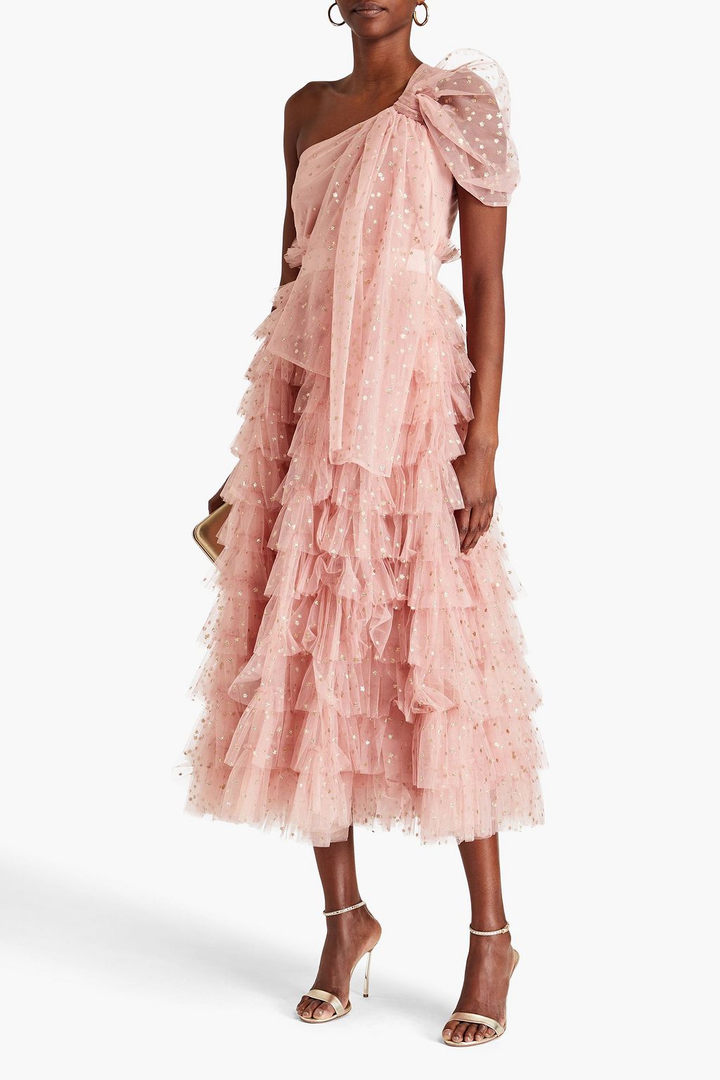 REDVALENTINO 원 숄더 플록 & 글리터 디테일 튤 미디 드레스