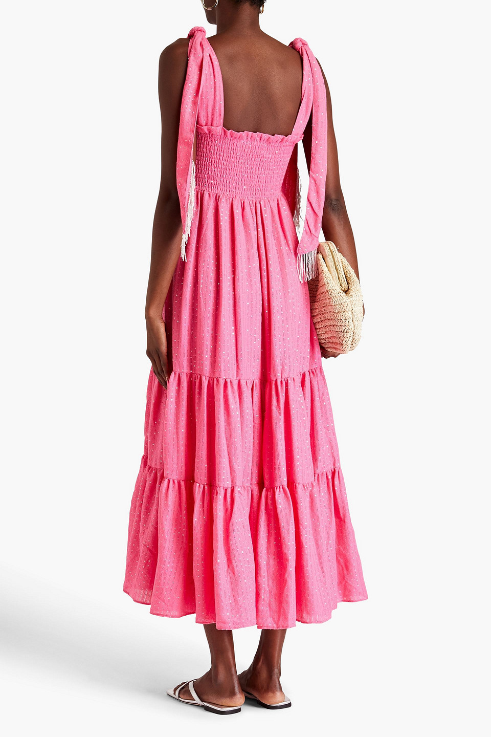 Shop Sundress Jade Sequin-embellished Tiered Jacquard Midi Dress In Pink