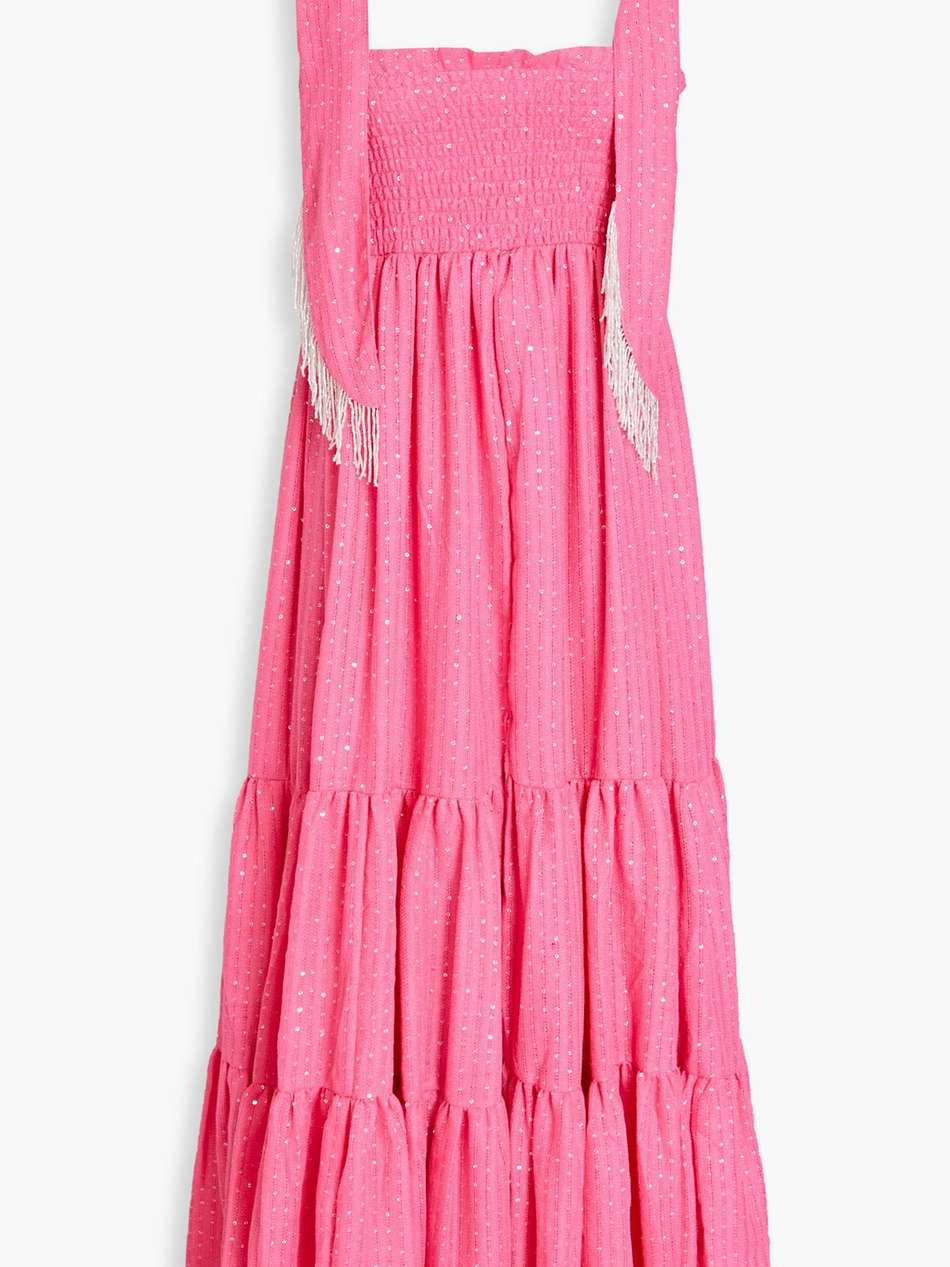 jade sequin-embellished tiered jacquard midi dress