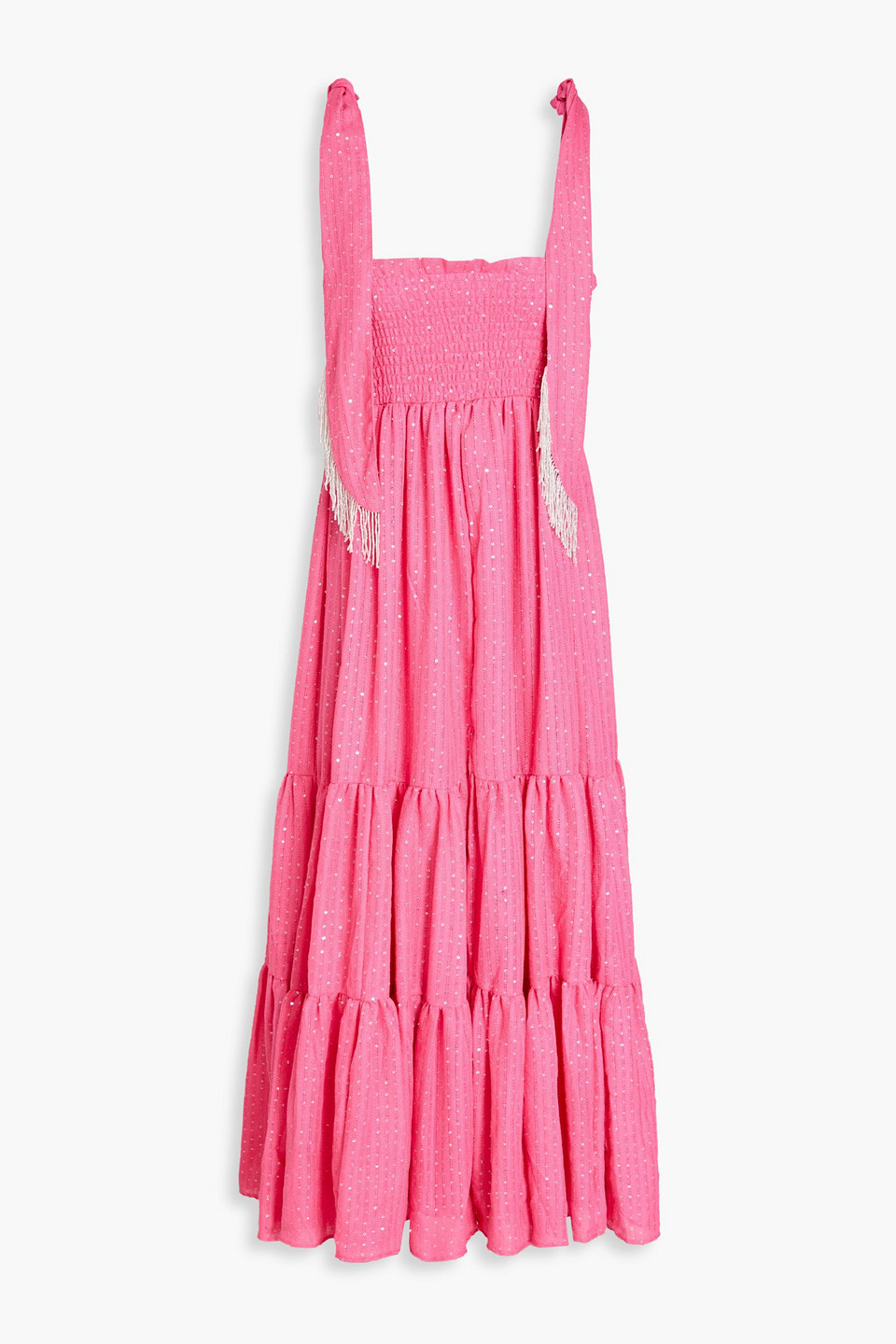 Sundress Jade Sequin-embellished Tiered Jacquard Midi Dress In Pink