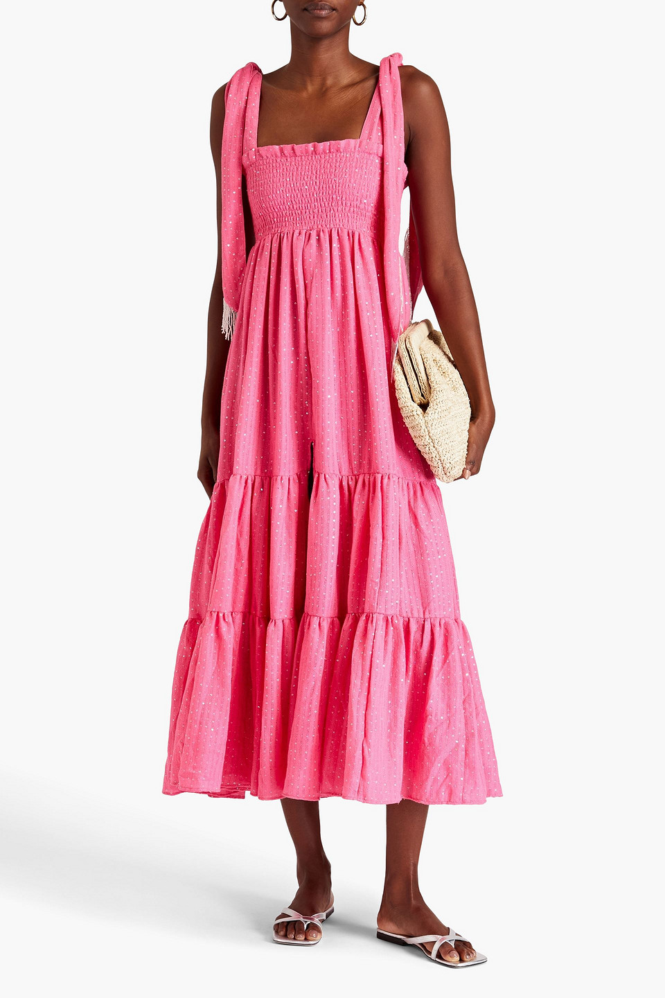 Shop Sundress Jade Sequin-embellished Tiered Jacquard Midi Dress In Pink