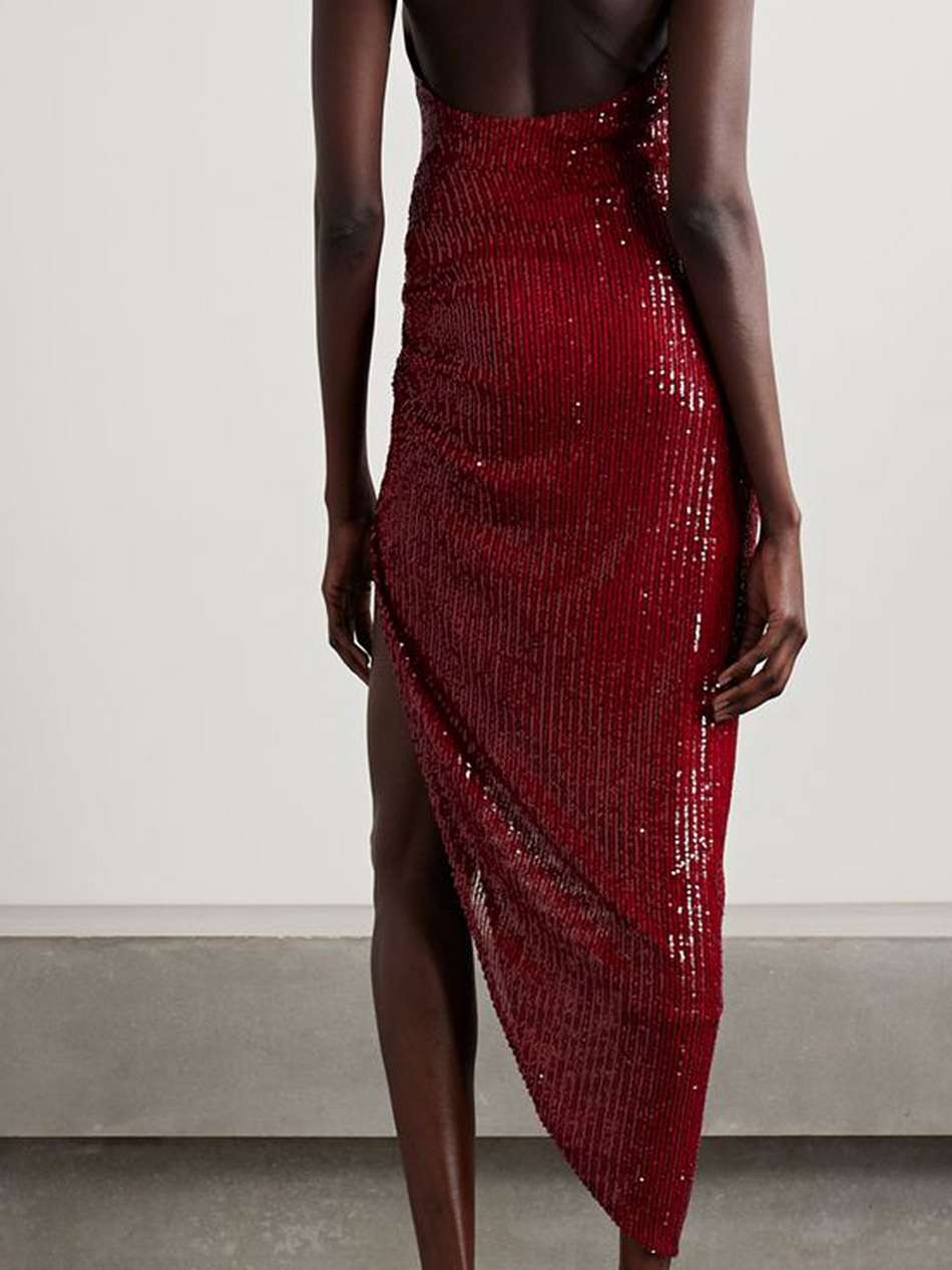 marissa asymmetric sequined tulle halterneck gown