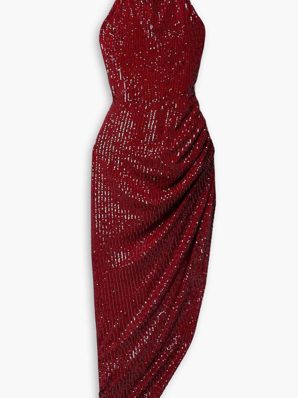 marissa asymmetric sequined tulle halterneck gown