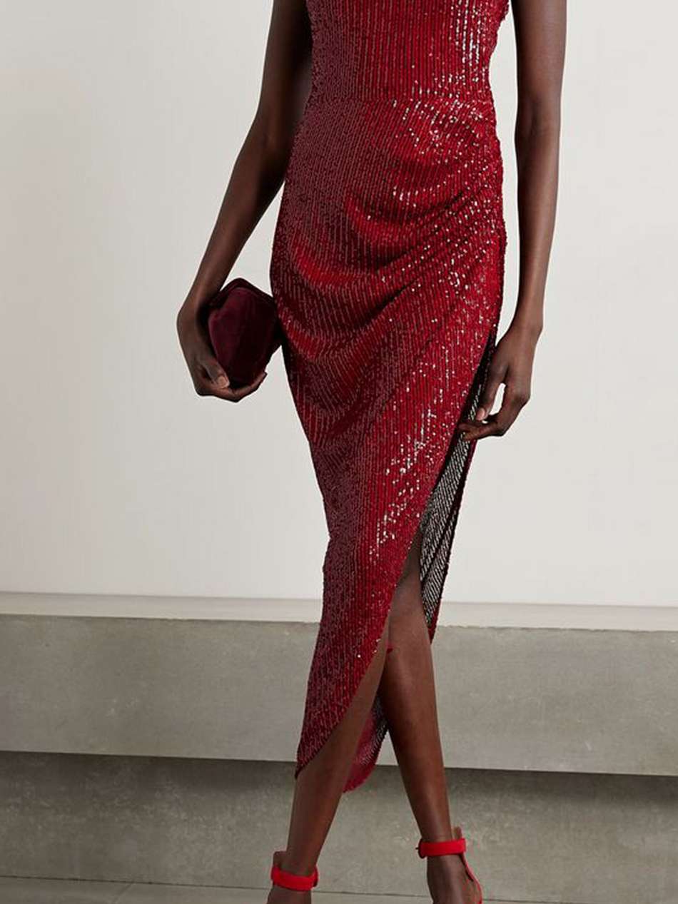 marissa asymmetric sequined tulle halterneck gown