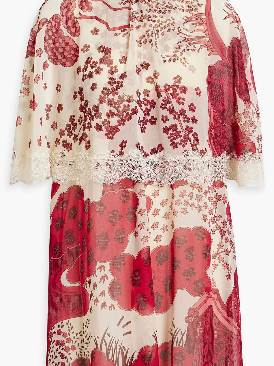 lace-trimmed printed chiffon mini dress