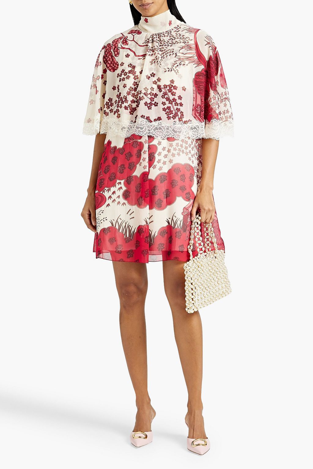 REDVALENTINO Lace-trimmed printed chiffon mini dress