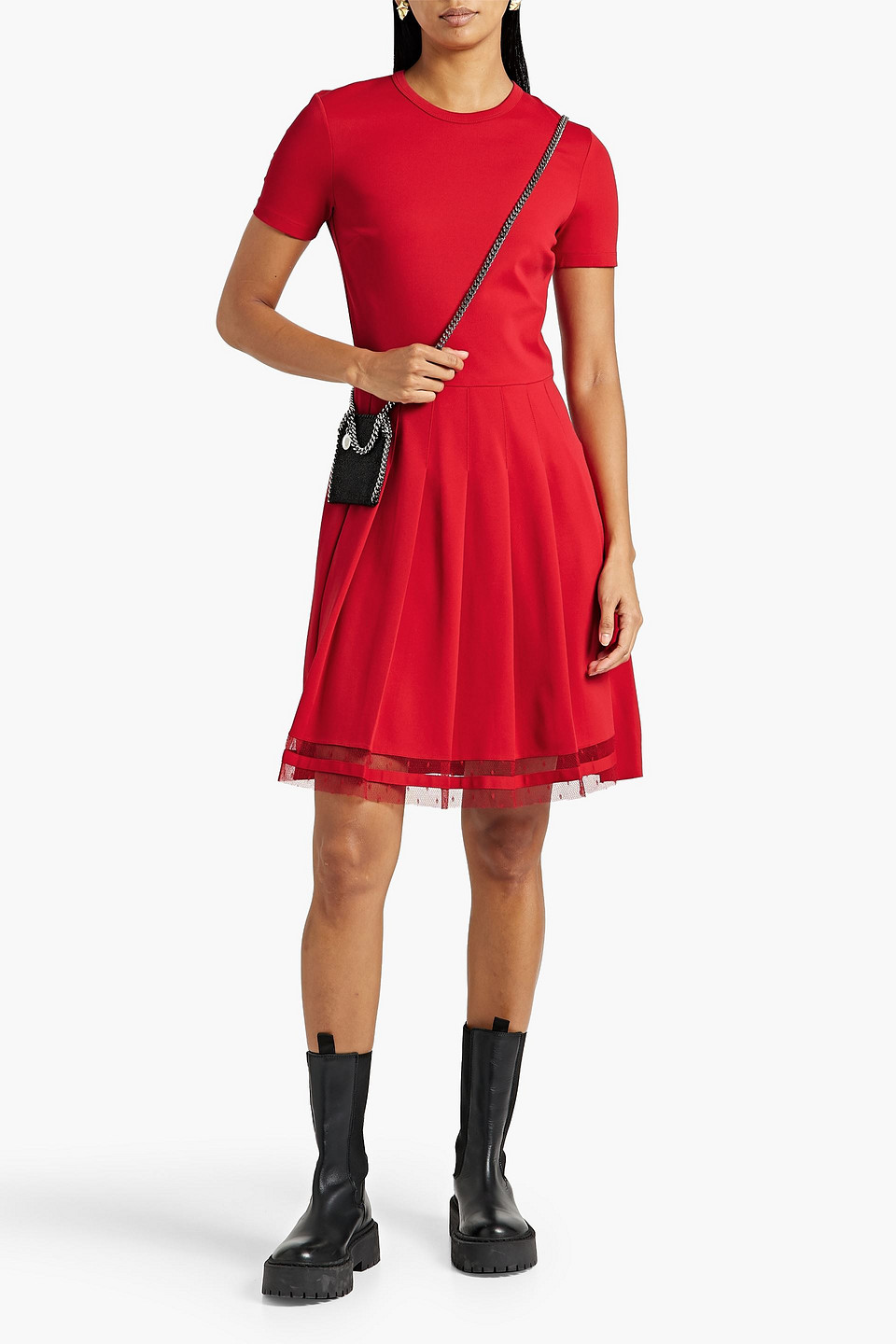 Shop Red Valentino Point D'esprit-trimmed Pleated Stretch-jersey Mini Dress In Red