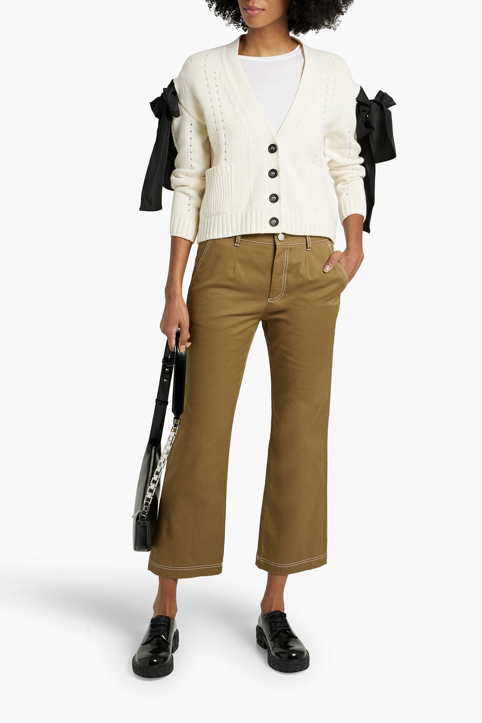 Shop Red Valentino Bow-detailed Pointelle-knit Cardigan In Ivory