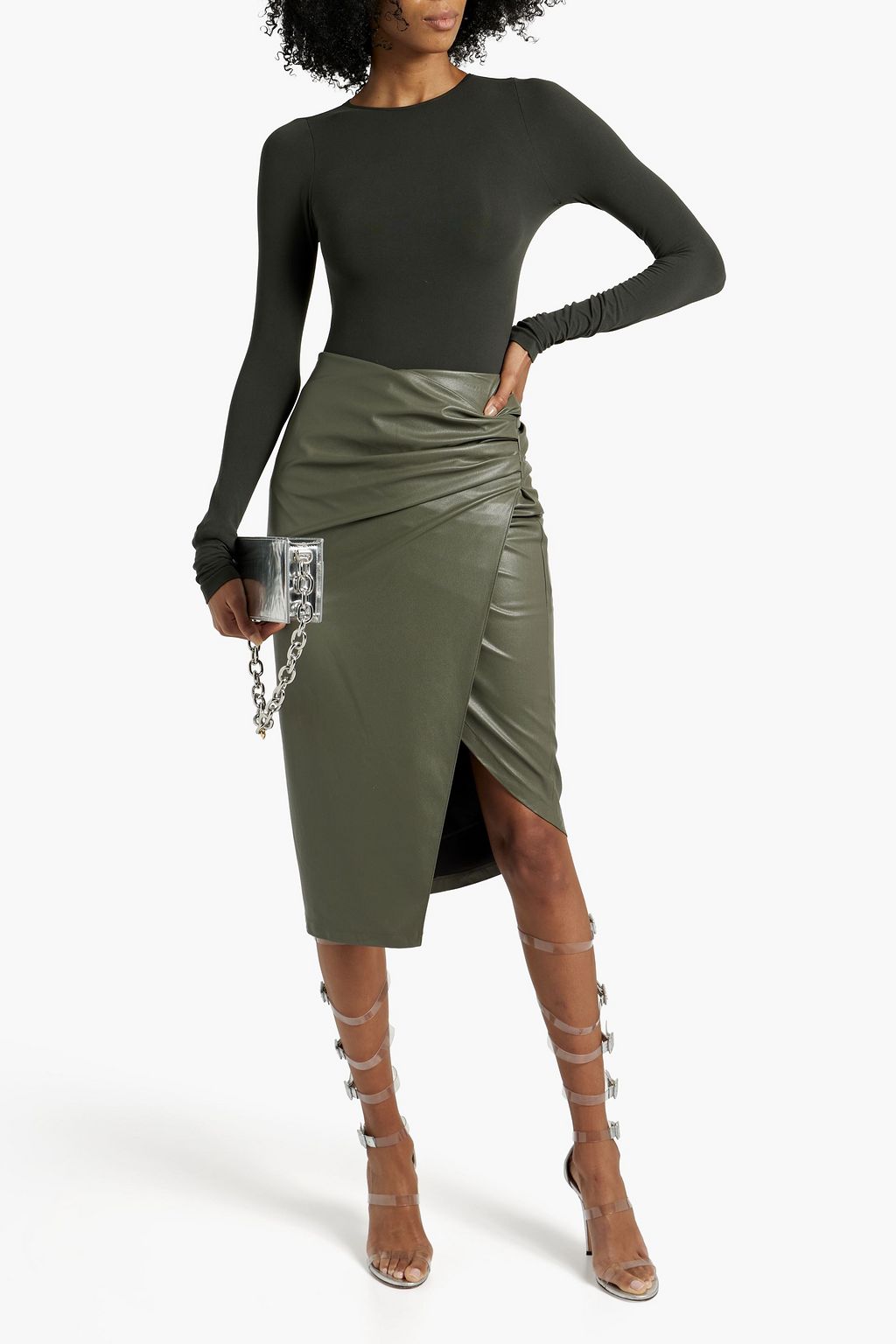 HELMUT LANG Wrap-effect faux stretch-leather midi skirt